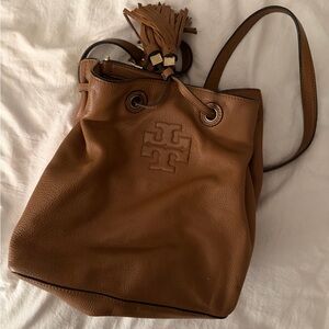 Tory Burch Cognac Pebbled Leather Drawstring Bucket Shoulder Bag
